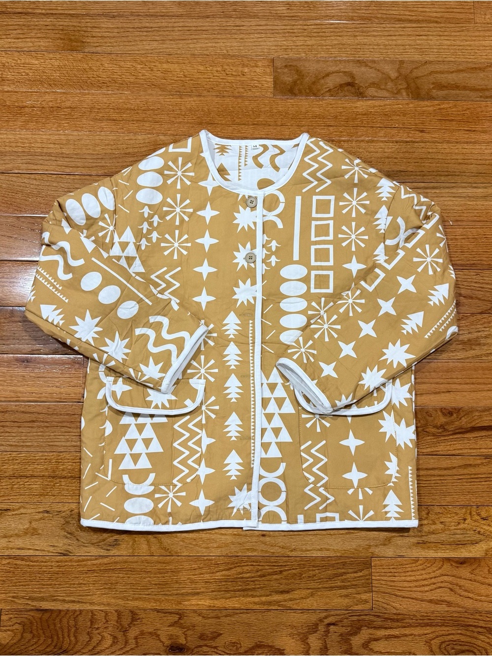 Mustard Yellow Geometric Quilted Jacket with White Trim